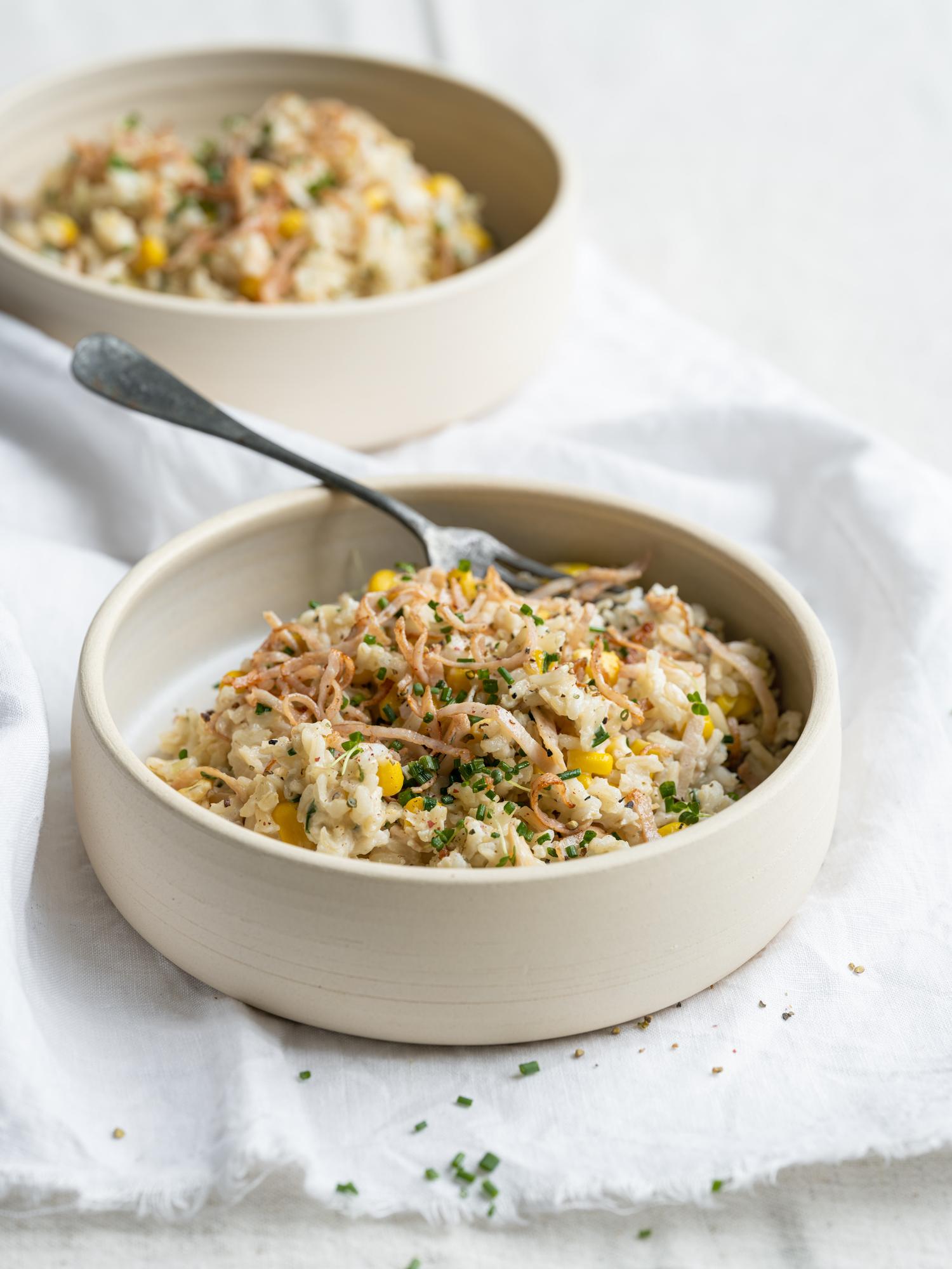 Risotto mit Mais und Hähnchenschinken