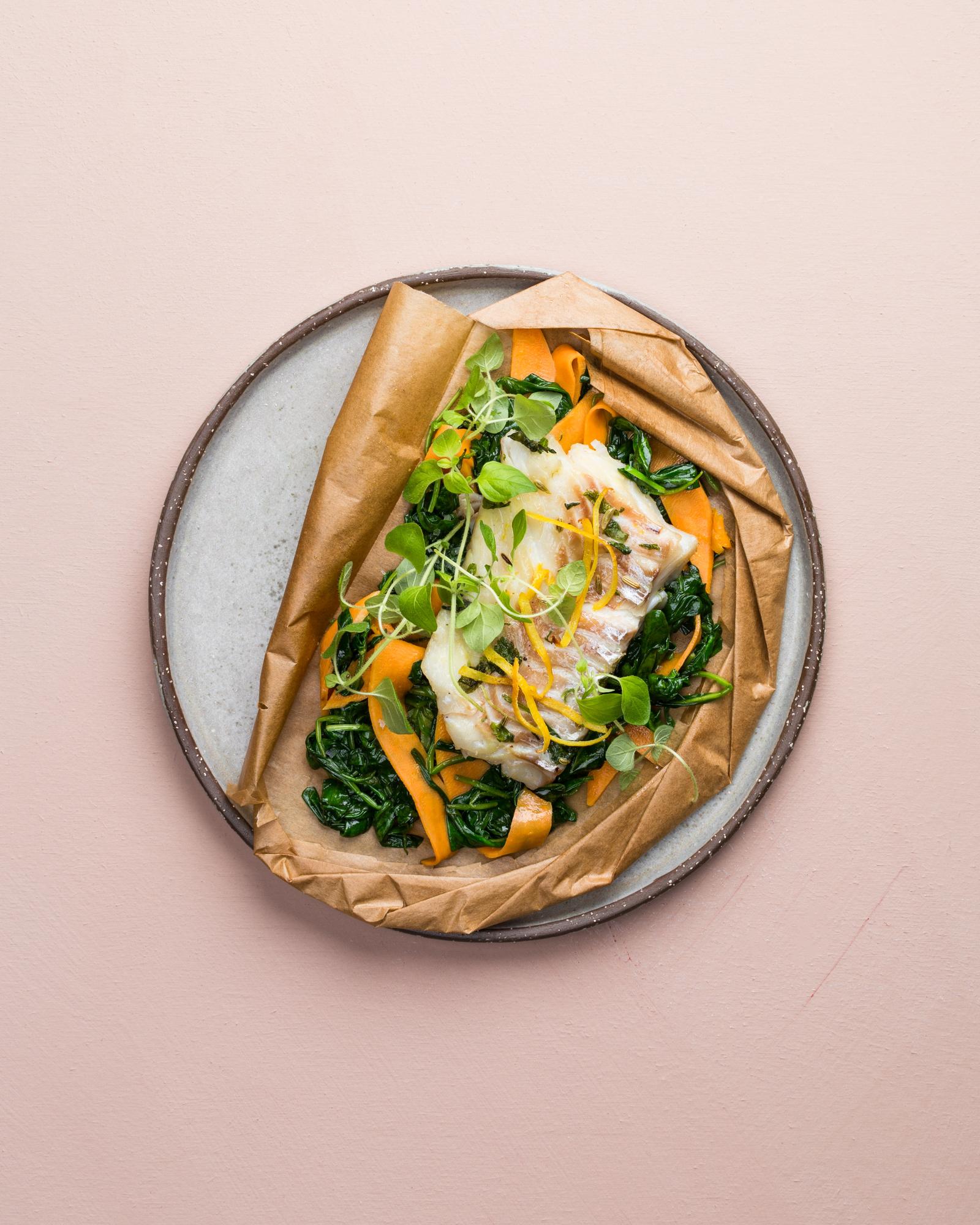 Kabeljau in der Papillote mit Süßkartoffeln und Oregano